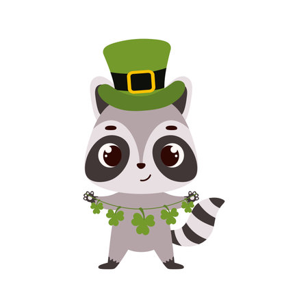 Cute raccoon in green leprechaun hat with clover. Irish holiday folklore theme. Cartoon design for cards, decor, shirt, invitation. Vector stock illustration.のイラスト素材