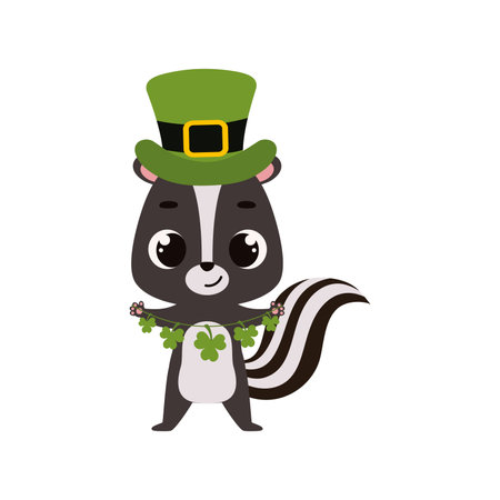 Cute skunk in green leprechaun hat with clover. Irish holiday folklore theme. Cartoon design for cards, decor, shirt, invitation. Vector stock illustration.のイラスト素材