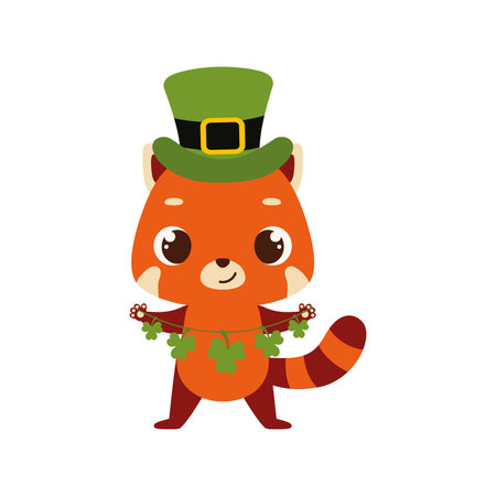 Cute red panda in green leprechaun hat with clover. Irish holiday folklore theme. Cartoon design for cards, decor, shirt, invitation. Vector stock illustration.のイラスト素材