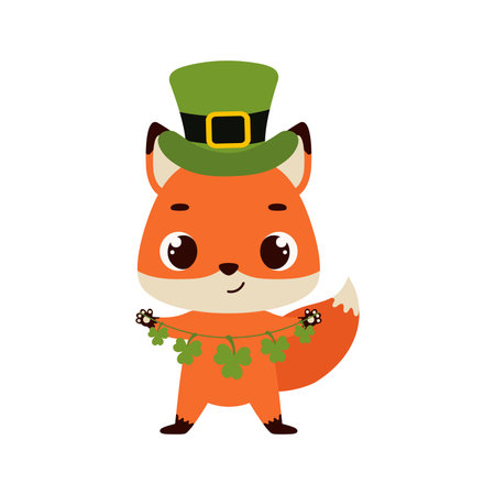Cute fox in green leprechaun hat with clover. Irish holiday folklore theme. Cartoon design for cards, decor, shirt, invitation. Vector stock illustration.のイラスト素材