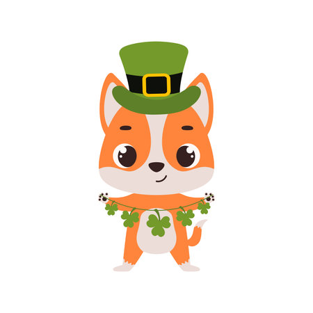 Cute dog in green leprechaun hat with clover. Irish holiday folklore theme. Cartoon design for cards, decor, shirt, invitation. Vector stock illustration.のイラスト素材