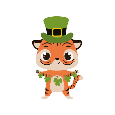 Cute tiger in green leprechaun hat with clover. Irish holiday folklore theme. Cartoon design for cards, decor, shirt, invitation. Vector stock illustration.のイラスト素材