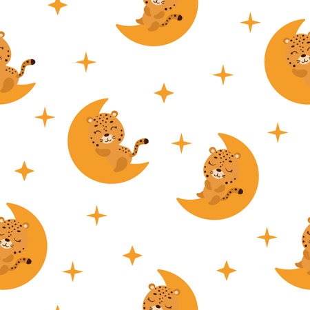Cute little cheetah sleeping on moon seamless childish pattern. Funny cartoon animal character for fabric, wrapping, textile, wallpaper, apparel. vector illustration.のイラスト素材