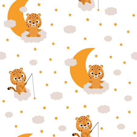 Cute little cheetah sitting on cloud and fishing star seamless childish pattern. Funny cartoon animal character for fabric, wrapping, textile, wallpaper, apparel. vector illustration.のイラスト素材