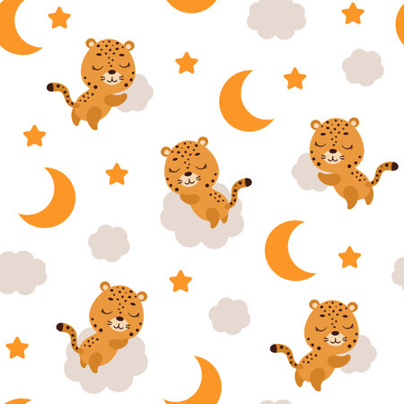 Cute little cheetah sleeping on cloud seamless childish pattern. Funny cartoon animal character for fabric, wrapping, textile, wallpaper, apparel. vector illustration.のイラスト素材