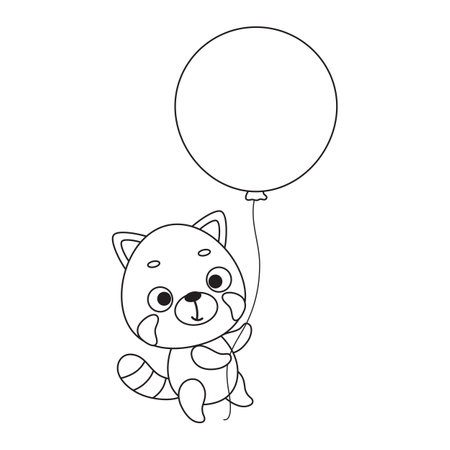 Coloring page cute little red panda flies on balloon. Coloring book for kids. Educational activity for preschool years kids and toddlers with cute animal. Vector stock illustrationのイラスト素材