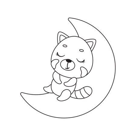 Coloring page cute little red panda sleeping on moon. Coloring book for kids. Educational activity for preschool years kids and toddlers with cute animal. Vector stock illustration.のイラスト素材