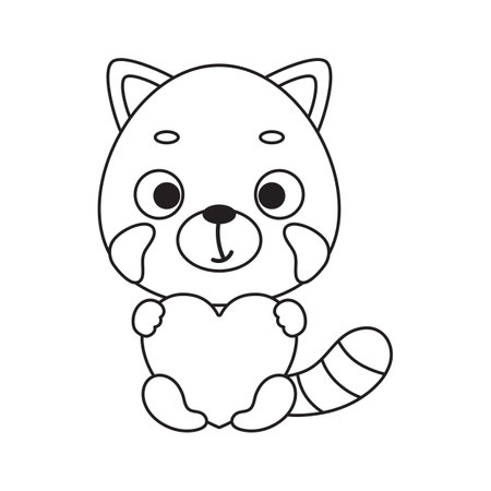 Coloring page cute little red panda holds heart. Coloring book for kids. Educational activity for preschool years kids and toddlers with cute animal. Vector stock illustration.のイラスト素材