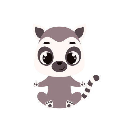 Cute little sitting lemur. Cartoon animal character for kids cards, baby shower, invitation, poster, t-shirt composition, house interior. Vector stock illustrationのイラスト素材