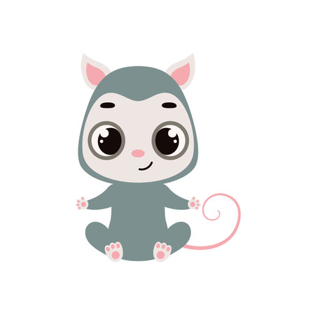 Cute little sitting opossum. Cartoon animal character for kids cards, baby shower, invitation, poster, t-shirt composition, house interior. Vector stock illustrationのイラスト素材