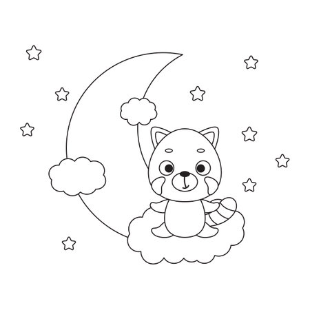 Coloring page cute little red panda sitting on cloud. Coloring book for kids. Educational activity for preschool years kids and toddlers with cute animal. Vector stock illustrationのイラスト素材