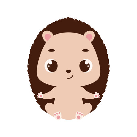 Cute little sitting hedgehog. Cartoon animal character for kids cards, baby shower, invitation, poster, t-shirt composition, house interior. Vector stock illustrationのイラスト素材