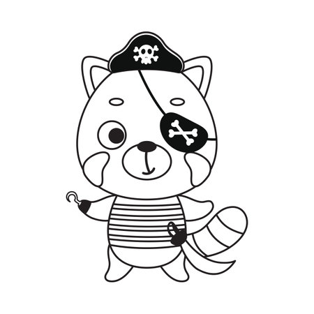 Coloring page cute little pirate red panda with hook and blindfold. Coloring book for kids. Educational activity for preschool years kids and toddlers with cute animal. Vector stock illustrationのイラスト素材
