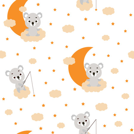 Cute little koala sitting on cloud and fishing star seamless childish pattern. Funny cartoon animal character for fabric, wrapping, textile, wallpaper, apparel. Vector illustrationのイラスト素材