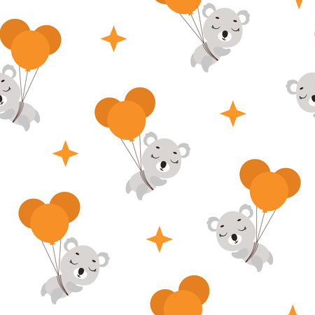 Cute little koala flying on balloons seamless childish pattern. Funny cartoon animal character for fabric, wrapping, textile, wallpaper, apparel. Vector illustrationのイラスト素材