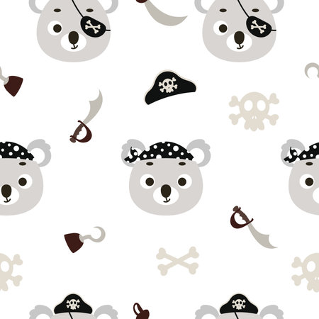 Cute little pirate koala head seamless childish pattern. Funny cartoon animal character for fabric, wrapping, textile, wallpaper, apparel. Vector illustrationのイラスト素材