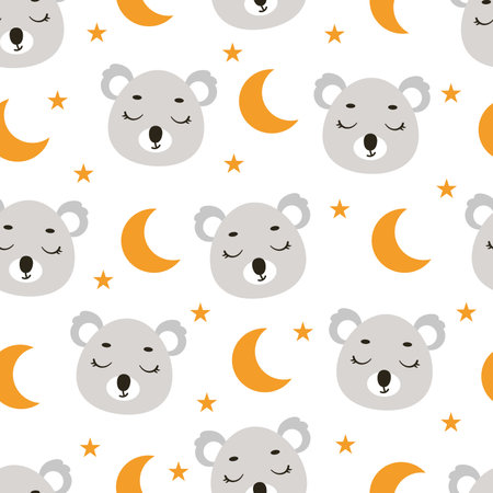 Cute little slipping koala head seamless childish pattern. Funny cartoon animal character for fabric, wrapping, textile, wallpaper, apparel. Vector illustrationのイラスト素材