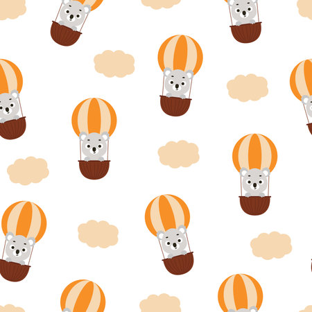 Cute little koala flying on hot air balloon seamless childish pattern. Funny cartoon animal character for fabric, wrapping, textile, wallpaper, apparel. Vector illustrationのイラスト素材