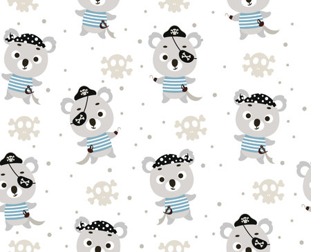 Cute little pirate koala seamless childish pattern. Funny cartoon animal character for fabric, wrapping, textile, wallpaper, apparel. Vector illustrationのイラスト素材