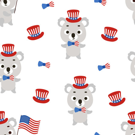 Cute little koala in USA patriotic hat seamless childish pattern. Funny cartoon animal character for fabric, wrapping, textile, wallpaper, apparel. Vector illustrationのイラスト素材