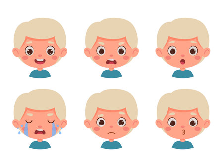 Cute cartoon little kid blond boy in various expressions and gesture. Cartoon child character showing different emotions. Vector illustrationのイラスト素材