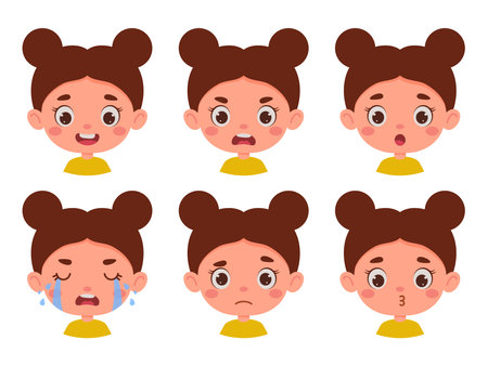 Cute cartoon little kid girl in various expressions and gesture. Cartoon child character showing different emotions. Vector illustrationのイラスト素材
