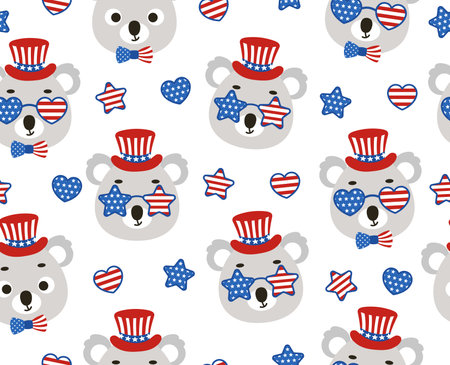Cute little koala head in USA patriotic hat seamless childish pattern. Funny cartoon animal character for fabric, wrapping, textile, wallpaper, apparel. Vector illustrationのイラスト素材