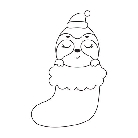 Coloring page cute little sloth in Christmas sock. Coloring book for kids. Educational activity for preschool years kids and toddlers with cute animal. Vector stock illustration.のイラスト素材