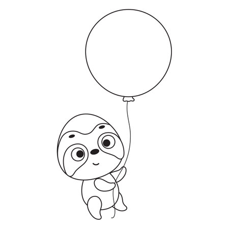 Coloring page cute little sloth flies on balloon. Coloring book for kids. Educational activity for preschool years kids and toddlers with cute animal. Vector stock illustration.のイラスト素材