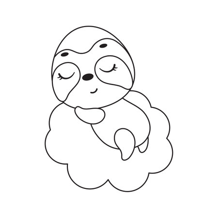 Coloring page cute little sloth sleeping on cloud. Coloring book for kids. Educational activity for preschool years kids and toddlers with cute animal. Vector stock illustration.のイラスト素材