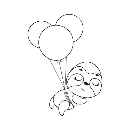 Coloring page cute little sloth flying on balloons. Coloring book for kids. Educational activity for preschool years kids and toddlers with cute animal. Vector stock illustration.のイラスト素材