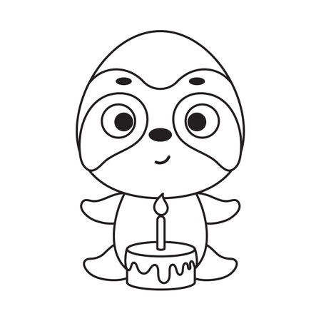 Coloring page cute little sloth with birthday cake. Coloring book for kids. Educational activity for preschool years kids and toddlers with cute animal. Vector stock illustration.のイラスト素材
