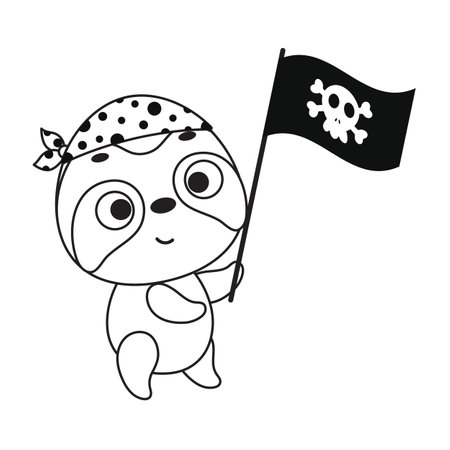 Coloring page cute little sloth with pirate flag. Coloring book for kids. Educational activity for preschool years kids and toddlers with cute animal. Vector stock illustration.のイラスト素材