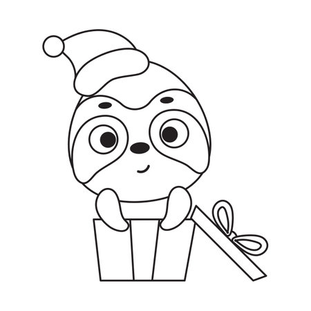 Coloring page cute little sloth sitting in gift box. Coloring book for kids. Educational activity for preschool years kids and toddlers with cute animal. Vector stock illustration.のイラスト素材