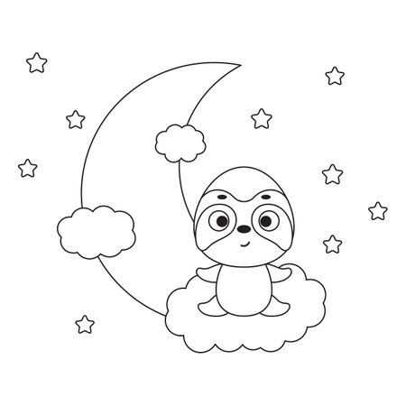 Coloring page cute little sloth sitting on cloud. Coloring book for kids. Educational activity for preschool years kids and toddlers with cute animal. Vector stock illustration.のイラスト素材