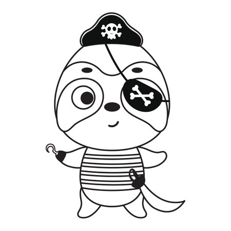Coloring page cute little pirate sloth with hook and blindfold. Coloring book for kids. Educational activity for preschool years kids and toddlers with cute animal. Vector stock illustration.のイラスト素材
