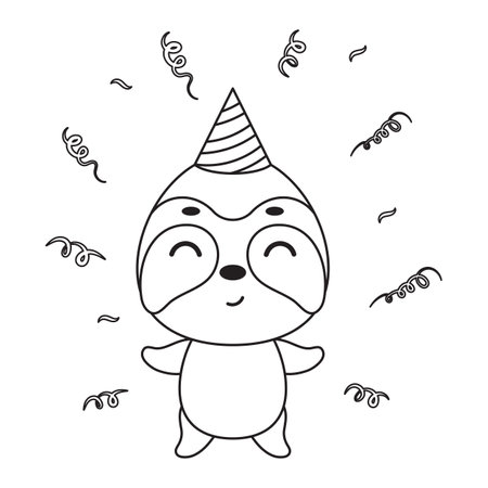 Coloring page cute little sloth in birthday hat. Coloring book for kids. Educational activity for preschool years kids and toddlers with cute animal. Vector stock illustration.のイラスト素材
