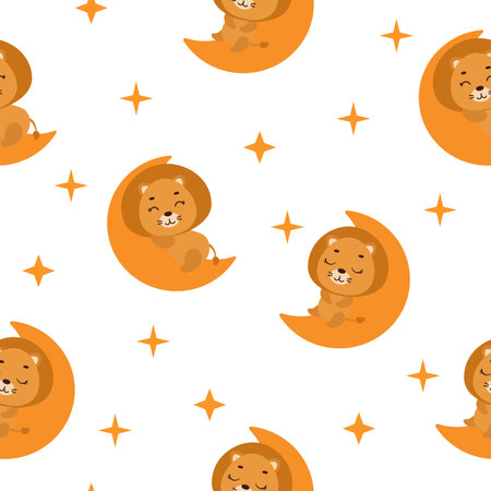Cute little lion sleeping on moon seamless childish pattern. Funny cartoon animal character for fabric, wrapping, textile, wallpaper, apparel. vector illustration.のイラスト素材