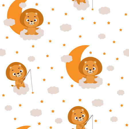 Cute little lion sitting on cloud and fishing star seamless childish pattern. Funny cartoon animal character for fabric, wrapping, textile, wallpaper, apparel. vector illustration.のイラスト素材