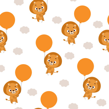 Cute little lion flying on balloon seamless childish pattern. Funny cartoon animal character for fabric, wrapping, textile, wallpaper, apparel. vector illustration.のイラスト素材