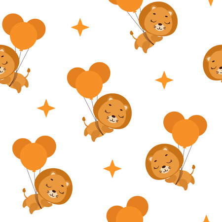 Cute little lion flying on balloons seamless childish pattern. Funny cartoon animal character for fabric, wrapping, textile, wallpaper, apparel. vector illustration.のイラスト素材