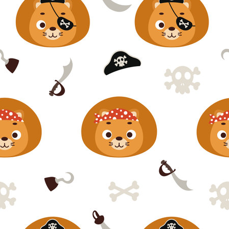 Cute little pirate lion head seamless childish pattern. Funny cartoon animal character for fabric, wrapping, textile, wallpaper, apparel. vector illustration.のイラスト素材