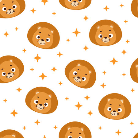Cute little lion head seamless childish pattern. Funny cartoon animal character for fabric, wrapping, textile, wallpaper, apparel. vector illustration.のイラスト素材