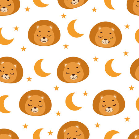 Cute little slipping lion head seamless childish pattern. Funny cartoon animal character for fabric, wrapping, textile, wallpaper, apparel. vector illustration.のイラスト素材