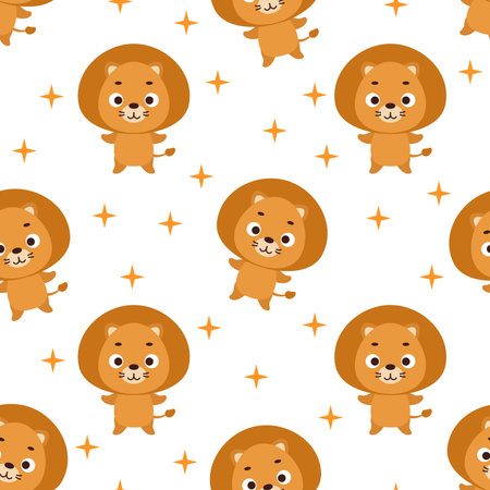 Cute little lion seamless childish pattern. Funny cartoon animal character for fabric, wrapping, textile, wallpaper, apparel. vector illustration.のイラスト素材