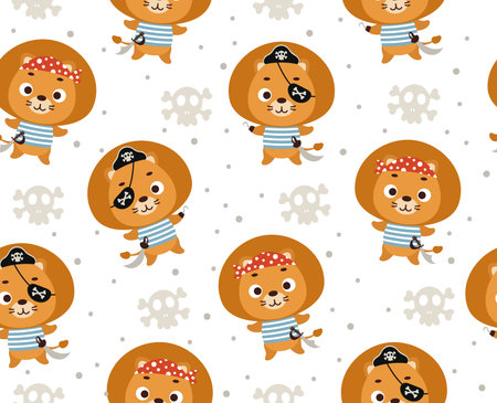 Cute little pirate lion seamless childish pattern. Funny cartoon animal character for fabric, wrapping, textile, wallpaper, apparel. vector illustration.のイラスト素材