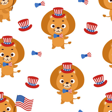 Cute little lion in USA patriotic hat seamless childish pattern. Funny cartoon animal character for fabric, wrapping, textile, wallpaper, apparel. vector illustration.のイラスト素材