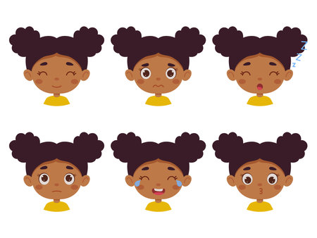 Cute cartoon little kid mulatto girl in various expressions and gesture. Cartoon child character showing different emotions. vector illustration.のイラスト素材