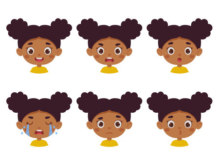 Cute cartoon little kid mulatto girl in various expressions and gesture. Cartoon child character showing different emotions. vector illustration.のイラスト素材