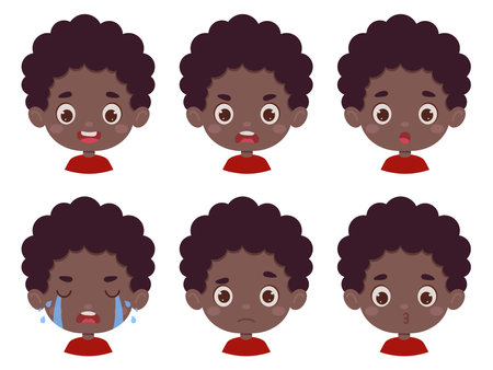 Cute cartoon little kid african boy in various expressions and gesture. Cartoon child character showing different emotions. vector illustration.のイラスト素材